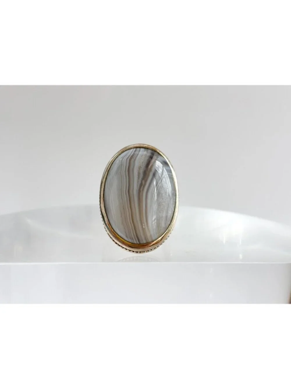 Grey Banded Agate Polished Cabochon Sterling Silver 925 Vintage Ring - sz 8